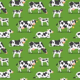 vector cartoon style seamless pattern with cows with calfs grazing at the meadow. green background.