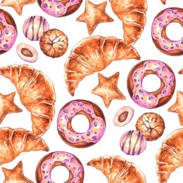 seamless pattern. dessert illustration. watercolor set of sweets and desserts. collection of watercolor cakes, macaroons, sweets, cupcakes, coffee cup and cheesecake with ice cream. isolated on white.