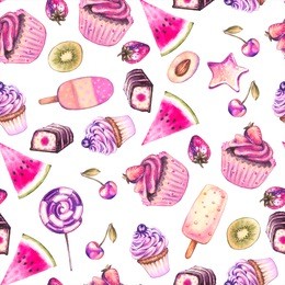 seamless pattern. dessert illustration. watercolor set of sweets and desserts. collection of watercolor cakes, macaroons, sweets, cupcakes, coffee cup and cheesecake with ice cream. isolated on white.
