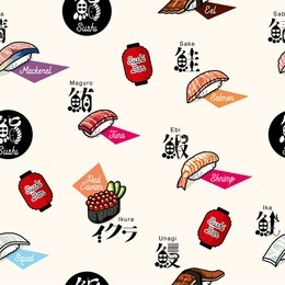 sushi nigiri, japanese traditional food, cuisine dishes,salmon, maguro, ikura, unagi,squid,kanji,logo,
seamless pattern background vector illustration- various colors