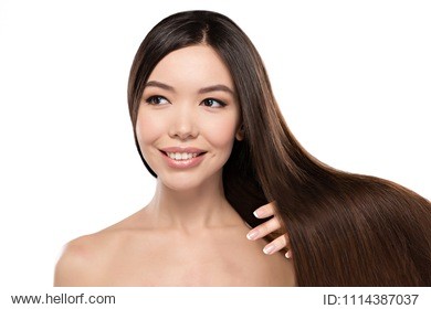 beautiful young asian smiling brunette woman with clean skin fresh make up and long straight healthy shiny hair  isolated, hair care concept on white background