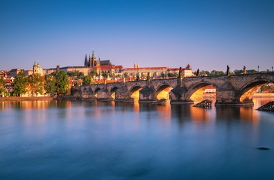 prague historical center with castle, hradcany, charles bridge and vltava river, prague, czech republic