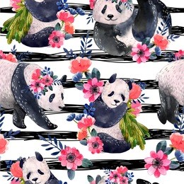 watercolor seamless pattern with pandas and flowers isolated on a white background. black stripes on the background. watercolor illustration.