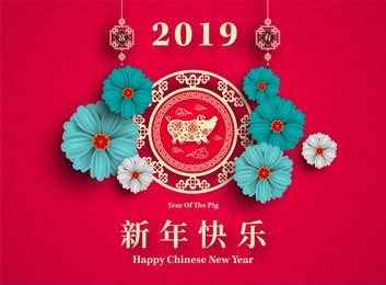 happy chinese new year 2019 year of the pig paper cut style. chinese characters mean happy new year, wealthy, zodiac sign for greetings card, flyers, invitation, posters, brochure, banners, calendar.