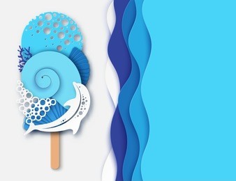 paper ice cream made of dolphin, sea wave, coral and sea shell. concept of summer beach vacation. paper cut modern design