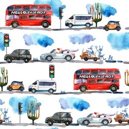 watercolor seamless pattern with retro travel van