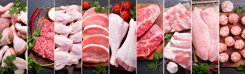 food collage of various fresh meat and chicken, top view