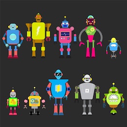 set of different cartoon robots characters ,spaceman cyborg isolated on white background. vector illustration.