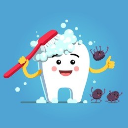happy cartoon tooth character brushing himself with toothbrush & toothpaste foam. germs falling down, fleeing, running away. funny motivational clipart. teeth hygiene character. flat vector illustrati
