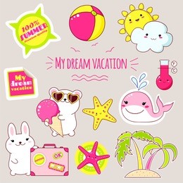 set of cute icons in kawaii style. bunny with suitcase, polar bear with ice cream, whale, palm, sun and cloud, ball, starfish, sticker with inscription my dream vacation, 100% summer. eps8