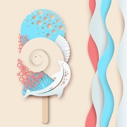 paper ice cream made of dolphin, sea wave, coral and sea shell. concept of summer beach vacation. paper cut modern design