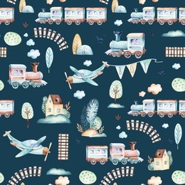 baby boys world. cartoon airplane, plane and waggon locomotive watercolor illustration patterns. child toys birthday backgraund transport elements seamless pattern