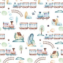 baby boys world. cartoon airplane, plane and waggon locomotive watercolor illustration patterns. child toys birthday backgraund transport elements seamless pattern