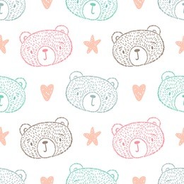 cartoon teddy bears vector seamless pattern. scandinavian style animals. background for kids of hand drawn doodle cute baby brown bear head with stars and hearts