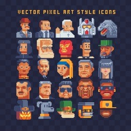 pixel art different avatar profile characters set. 80s video game sprites. various people characters, girls and men. male and female faces, user pic. isolated vector illustration. sticker design.