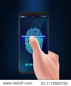 hand holding smart phone with process of scanning fingerprint on the screen. flat style vector illustration