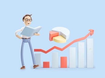 a cartoon character stands with a book and infographics. 3d illustration