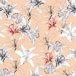 seamless pattern vintage pink lilly flowers on pastel background.vector illustration watercolor style.for used wallpaper design,textile fabric or wrapping paper