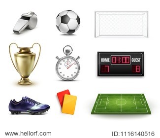 soccer football vector set of icons with field, ball, trophy, scoreboard, whistle, gate, stopwatch, cards and boots isolated on white background