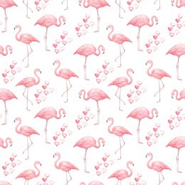 seamless pattern with watercolor illustration of flamingos and hearts