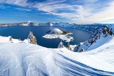 winter scene at crater lake volcano