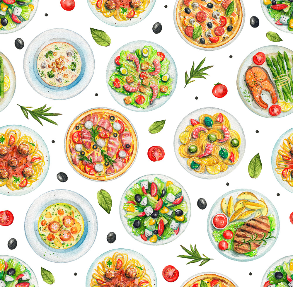 seamless pattern with salads, pasta, pizzas, soups, vegetables and dishes with two options of steaks on white background. watercolor hand painted illustration