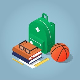 vector isometric school homework concept illustration. layout of schoolkid stuff, such as backpack, books, ball and stationery. highly detailed.