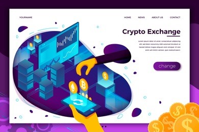 vector concept illustration -  cryptocurrency exchange, trade process, mans hand holding mobile phone and control money making. modern bright banner, site template with place for your text.