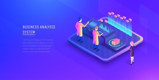 digital business analysis. analysis of investments. business woman is watching the process of business analysis. performance indicators. modern vector illustration isometric style.