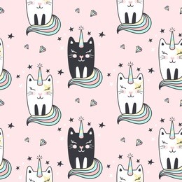 seamless pattern with cute caticorns. vector illustration