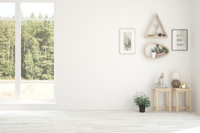 white empty room with summer landscape in window. scandinavian interior design. 3d illustration