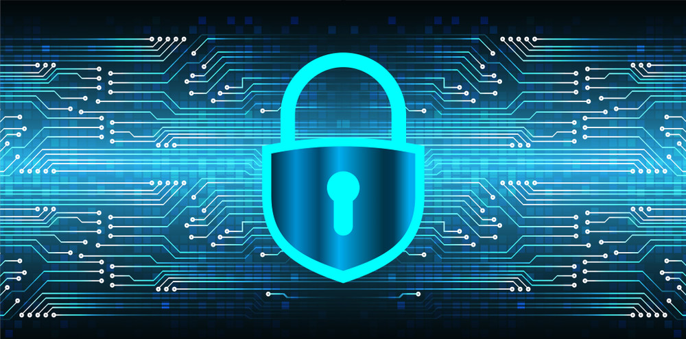 safety concept, closed padlock on digital background, cyber security, blue abstract hi speed internet technology background illustration. key vector