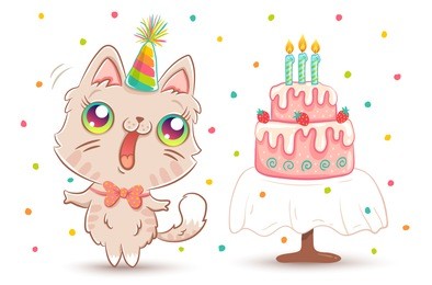vector cute cat with strawberry birthday cake in kawaii style. happy birthday! white kitty in birthday hat.