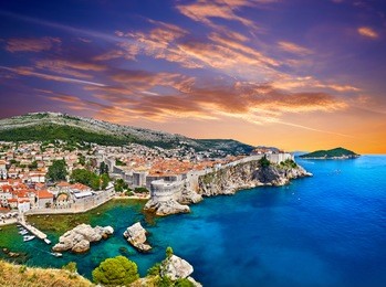 aerial view at famous european travel destination in croatia, dubrovnik old town, dalmatia, europe. unesco list. fort bokar seen from south old walls on a sunny day in dramatic light. game of thrones