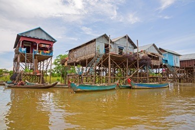 homes on stilts on the floating village of kampong phluk, tonle sap lake,siem reap province, cambodia