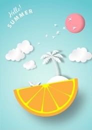 paper art summer background with lemon island and coconut tree white origami boat , summer beach view paper cut style vector