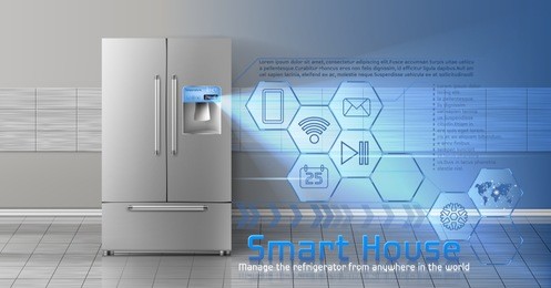 vector concept of smart house, wireless digital technologies to manage and control household appliances from anywhere. background with refrigerator and blue virtual interface with icons