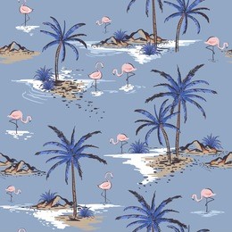 summer beautiful seamless island pattern on cool blue background. landscape with palm trees, beach , flamingo birds and ocean vector hand drawn style.