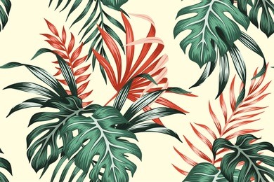 tropical exotic floral green and red monstera palm leaves seamless pattern yellow background. exotic jungle wallpaper.