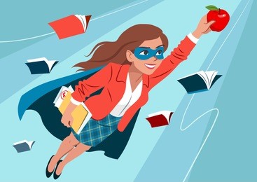 young woman in cape and mask flying through air in superhero pose, looking confident and happy, holding an apple and folder with papers, open books around. teacher, student, education learning concept