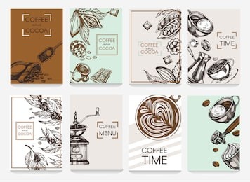 vector set of  posters with hand drawn elements on the coffee backgrounds. trendy  templates for banners, flyers,  invitations and menu design.
