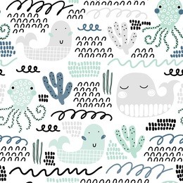 childish seamless pattern with whale and waves. scandinavian style. summer marina background. perfect for fabric, textile. vector background. pastel colors