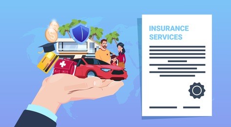 insurance service protection concept hand car life home medical financial policy contract cartoon on blue background flat vector illustration