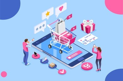 order online, shopping concept. customer character with gift. mobile pay with credit card. can use for web banner, infographics, hero images. flat isometric illustration isolated on white background.