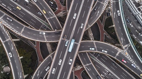 aerial view of highway and overpass in east yan`an road, shanghai city on a cloudy day