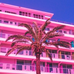 pink palm trees  and hotel against the sky. bright neon colors. minimal and surreal. summer holidays. urban style. 80s style 