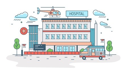 hospital, clinic or medical center building with helicopter landing on top of it and ambulance. health care institution providing treatment. colorful vector illustration in modern line art style