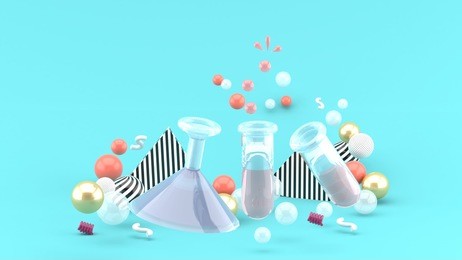 science experiments  tubes amid colorful balls on blue background.-3d rendering.