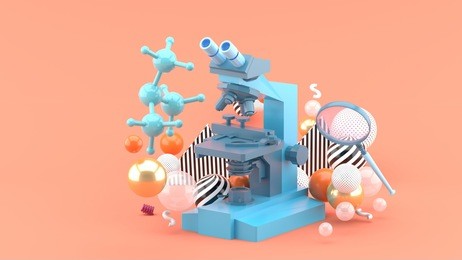 a blue microscope among colorful balls on a pink background.-3d rendering.