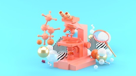 a blue microscope among colorful balls on a blue background.-3d rendering.
